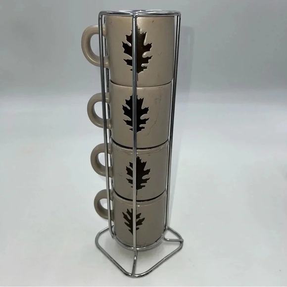Set of 4 Stacking Espresso Coffee Mugs Fall‎ Leaf Leaves 3 oz. Cappuccino Cups - Picture 1 of 8